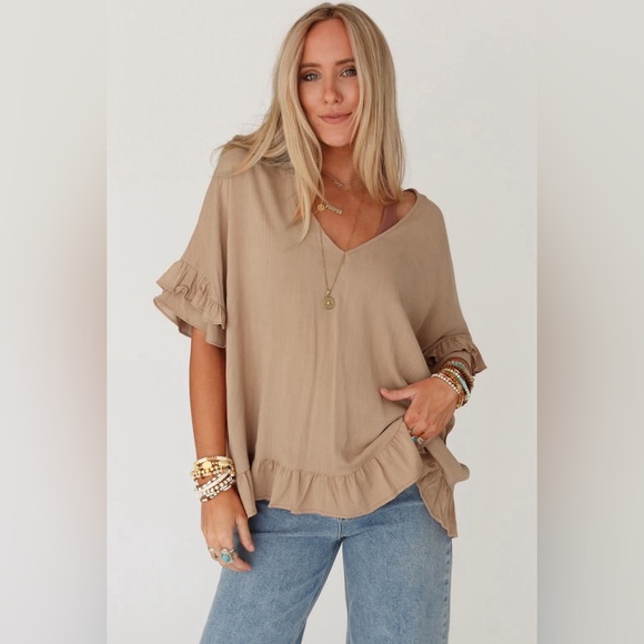 Light French Beige Loose Ruffled V Neck Blouse Bohemian Top - Picture 7 of 14